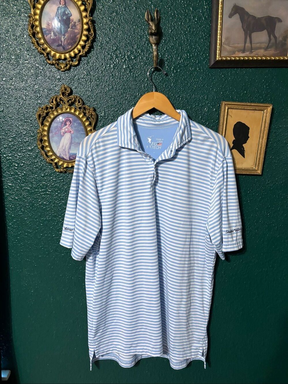 FG Tech Golf Polo Mens Large Shadow Valley CC White/Blue Striped Performance Sho